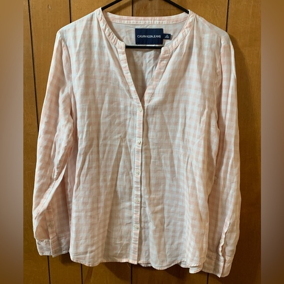 Calvin Klein Jeans pink gingham button up roll up tee short long sleeve top L - Picture 1 of 10